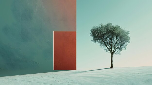 a red and green wall with a tree in the middle