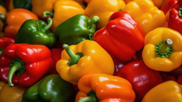 Red green yellow bell pepper background Harvest autumn season Top down view