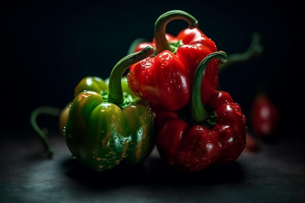 Red green and yellow bell peppers on a wooden table Dark background