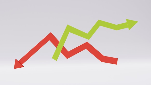 Red and green zigzag arrow line direction in uptrend and\
downtrend isolated on white background. business growth concept,\
statistics forecast, financial profit, stock changing. 3d\
rendering