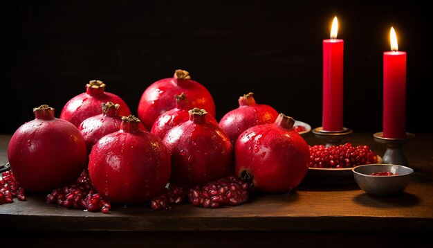 Foto frutta di granata rossa con candele ebraiche sul tavolo