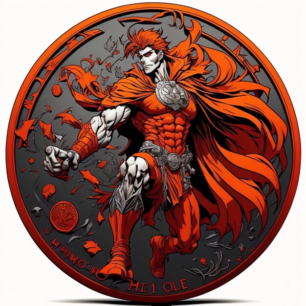 A red and grey coin with a man in a red cape and a sword in his hand.