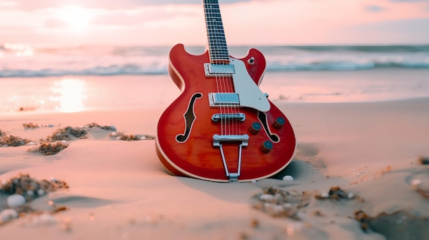 A red guitar on the beach with the word guitar on it