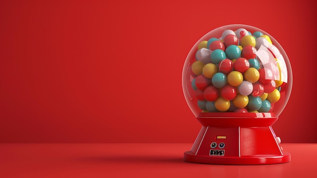 A red gumball machine is sitting on a red table The machine is filled with colorful gumballs