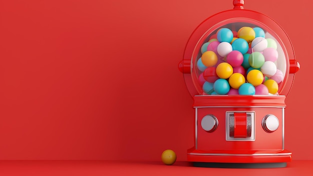 A red gumball machine is sitting on a red table There is a single gumball that has been dispensed and is sitting in front of the machine
