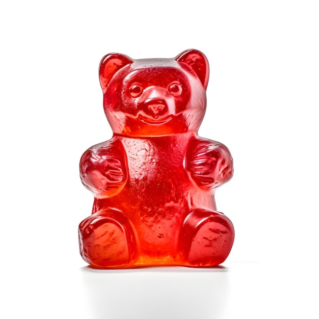 A red gummy bear is sitting on a white surface.