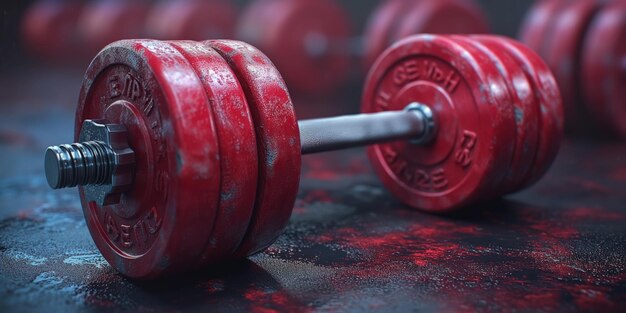 Red gym dumbbells on black textured surface workout equipment