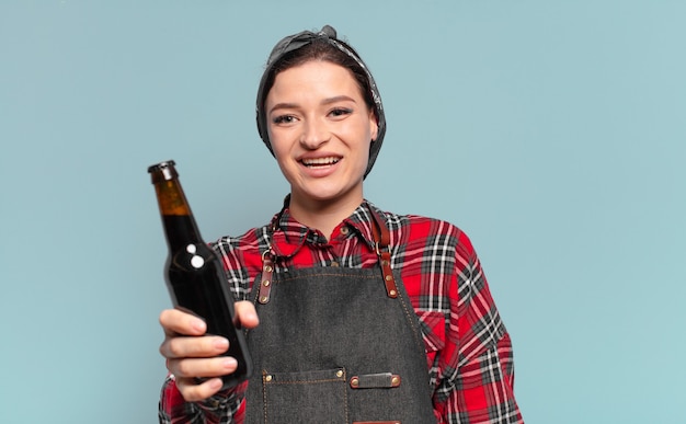 Red hair cool woman with a beer botle