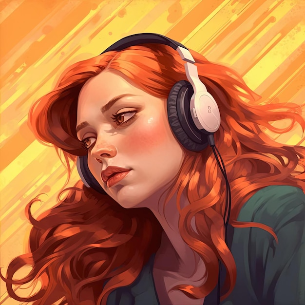ヘッドフォンで聞いている赤髪の女性