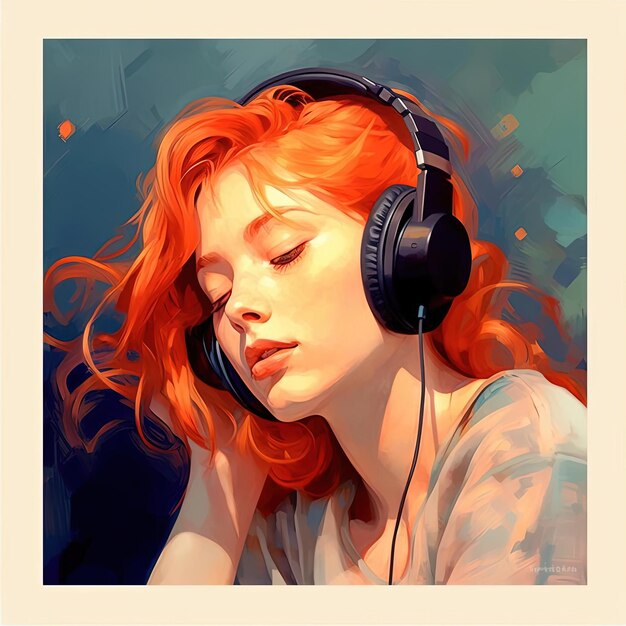 red hair female with headphones listening