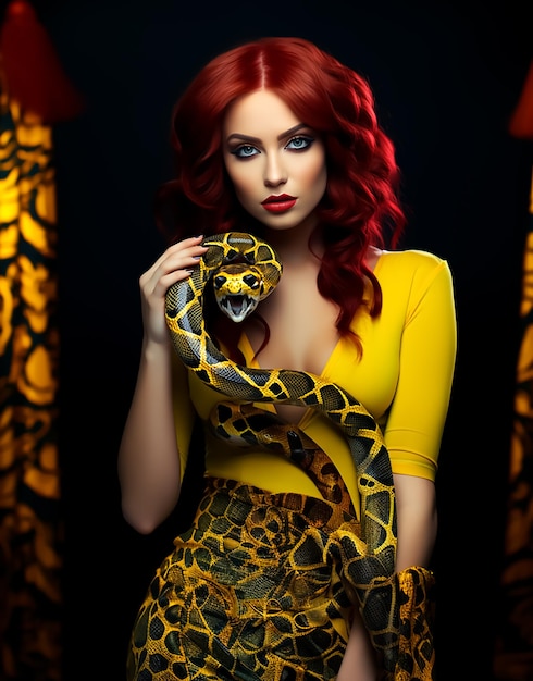 Red hair Hot fashion Girl in yellow sexy dress holding snake attractive look full mackup