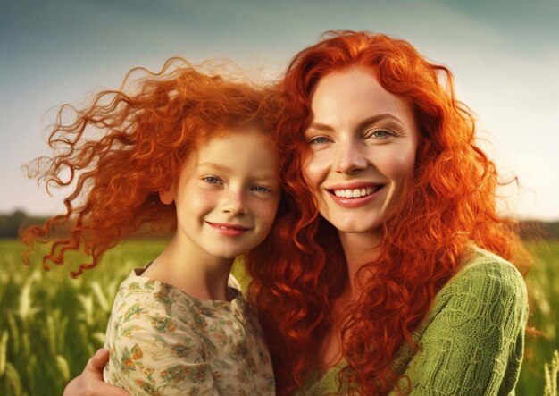 Photo red hair mother and daughter wearing green dress with highland fields backgroundai generative