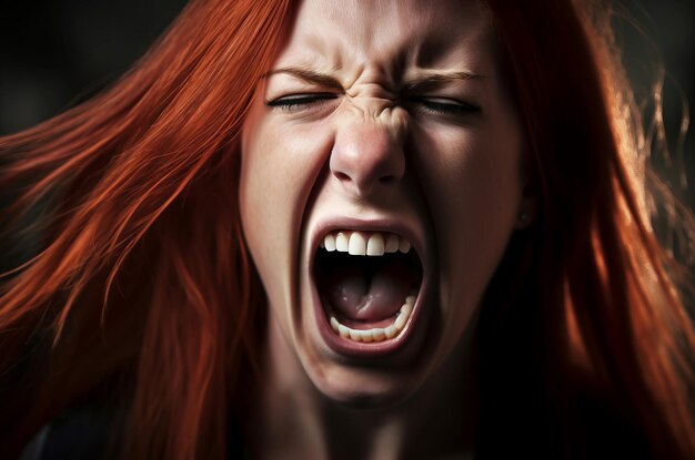 Red hair woman scream closeup portrait Lady face frustrated expression upset Generate Ai