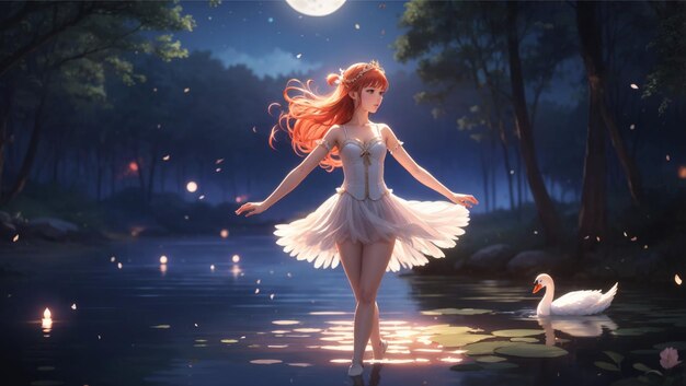 Red Haired Anime Girl Gracefully Walking on a Lake Under the Moonlight