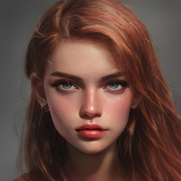 Red-haired beauty woman portrait close-up. Bright red hair, intense hair coloring. Redhead curly hair. Beauty makeup face. Illustration