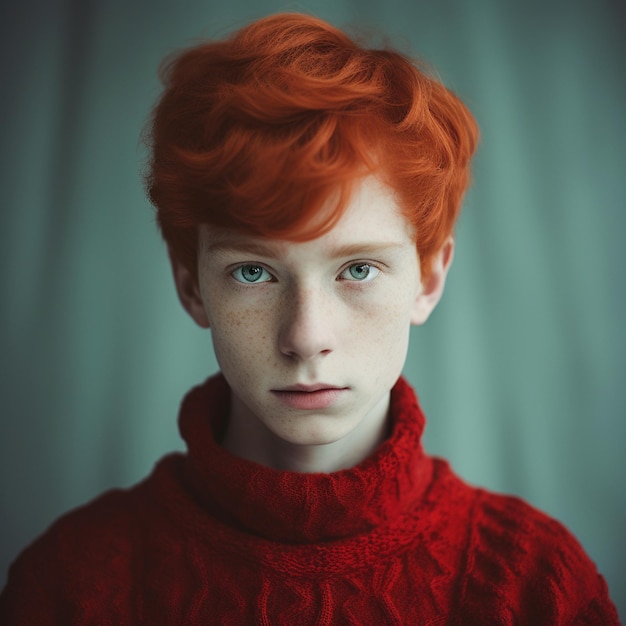 A red haired boy with red hair and a red sweater.