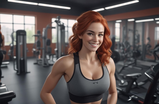 Red haired girl fit smiling to the photo at the gym