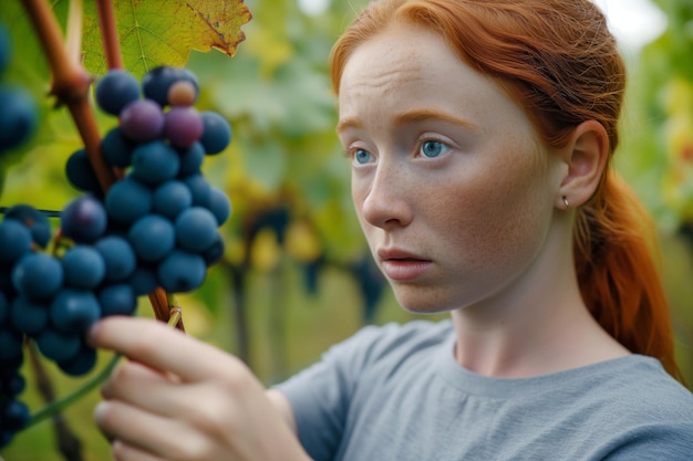 Red haired girl in a vineyard with a bunch of grapes