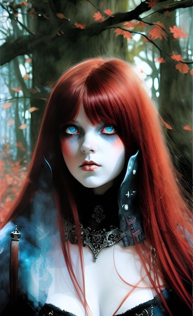 A red haired girl with blue eyes is standing in a forest.