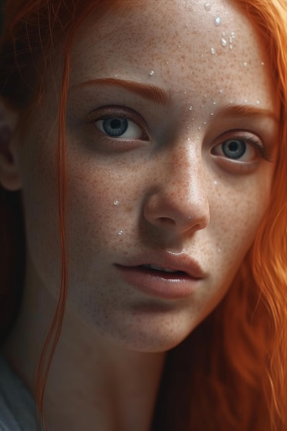 A red haired girl with freckles and a blue eyes looks at the camera.