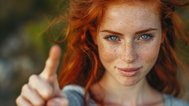 Foto una ragazza dai capelli rossi con le lentiggini che indicano a sinistra