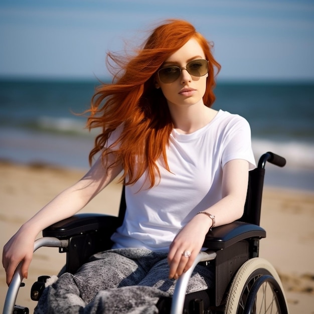 Red haired model in wheelchair