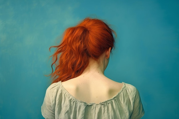 Red haired woman blue background Generate Ai