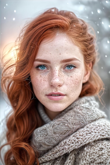 Red haired young woman with freckles wearing warm winter clothing in the snow