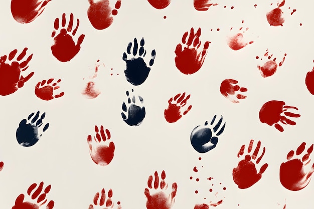 Красные отпечатки рук, как отпечатки крови на белом фоне