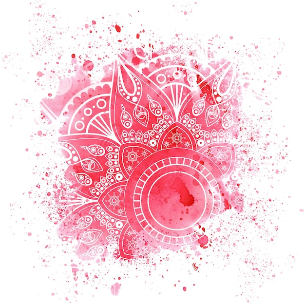 曼荼羅と赤い手描き水彩背景