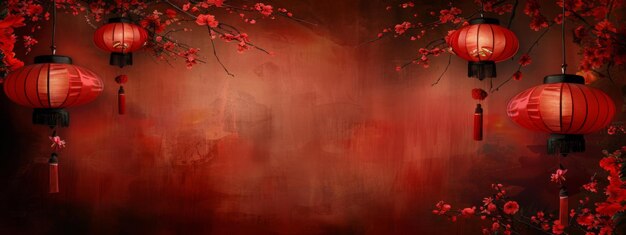 Foto lanterna rossa appesa decorazione tradizionale asiatica su sfondo rosso con fiori festa cinese delle lanterne