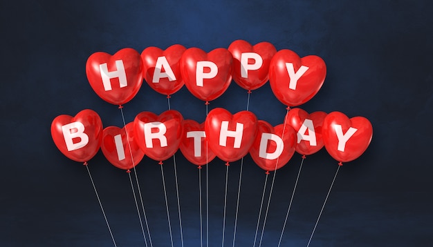 Red happy birthday heart shape air balloons on a black background scene. Horizontal Banner. 3D illustration render