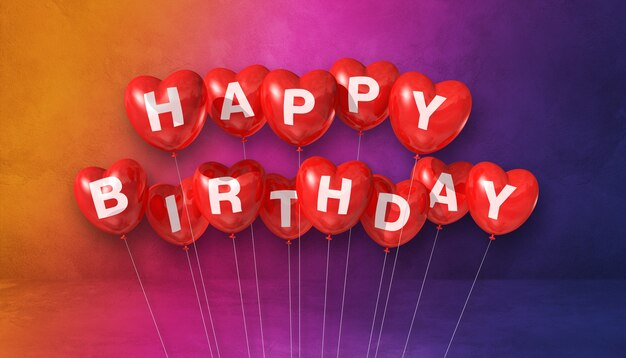 Red happy birthday heart shape air balloons. Greeting card. 3D rendering