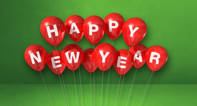 Red happy new year balloons bunch on a green concrete background. Horizontal banner. 3D illustration render