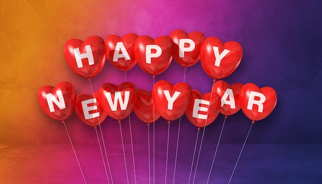 虹の背景に赤い新年あけましておめでとうございますハート形の風船。横長のバナー。 3Dイラストレンダリング