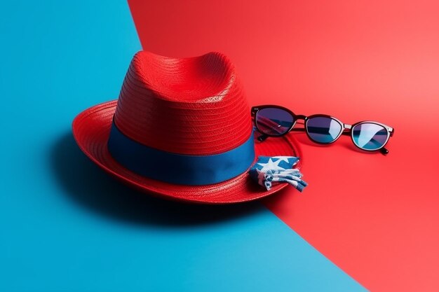 A red hat and sunglasses are on a red and blue background