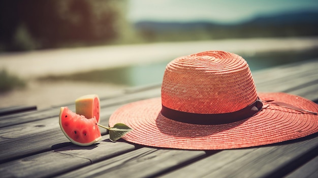 A red hat with a slice of watermelon on it sits on a wooden table next to a pool.