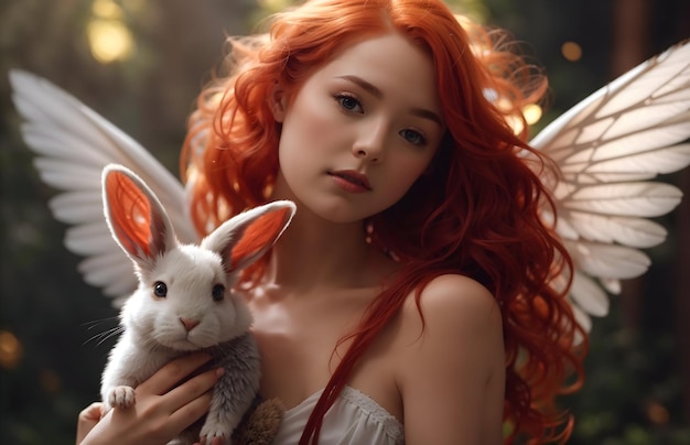 Red head girl with wings cute rabbit with her