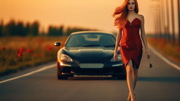 red head model red dress on road