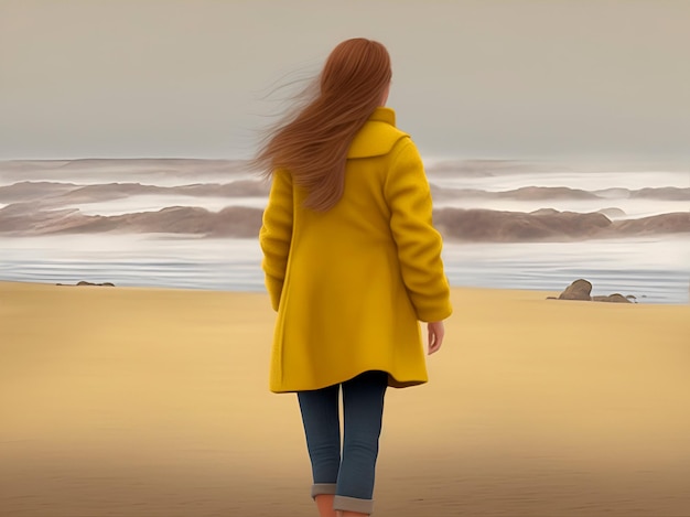 A red head woman walking on the beach looking at the rough sea in a cloudy day