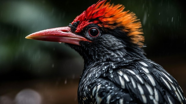 A red - headed bird with a red beak stands in the rain.