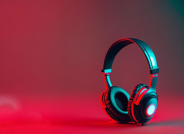 Red headphone on retro cyberpunk style background with copy space