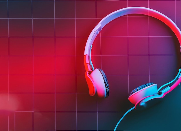 Photo red headphone on retro cyberpunk style background with copy space