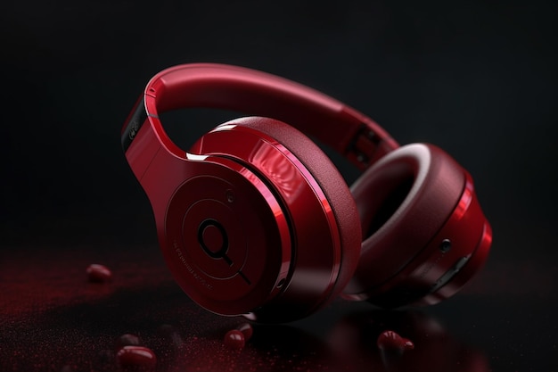 Red headphones on dark background Music concept 3D Rendering