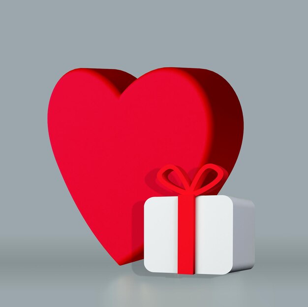 Red heart 3d render illustration and gift box on gray background