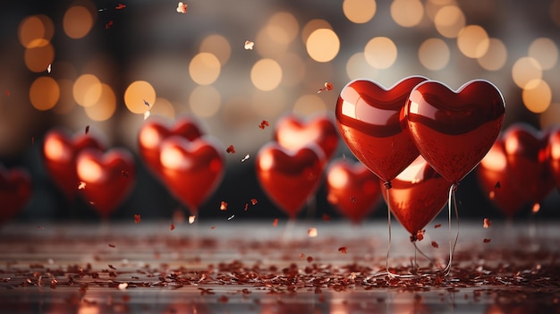 Red Heart Air Balloon Background with Glitter Bokeh Shine