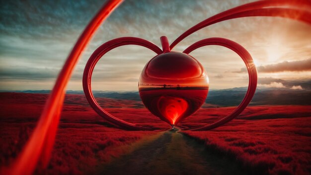 Photo red heart balloon against orange and blue sky with clouds