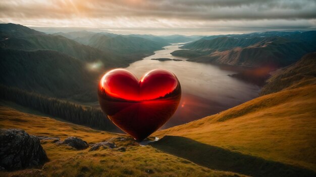 Foto red heart balloon against orange and blue sky with clouds