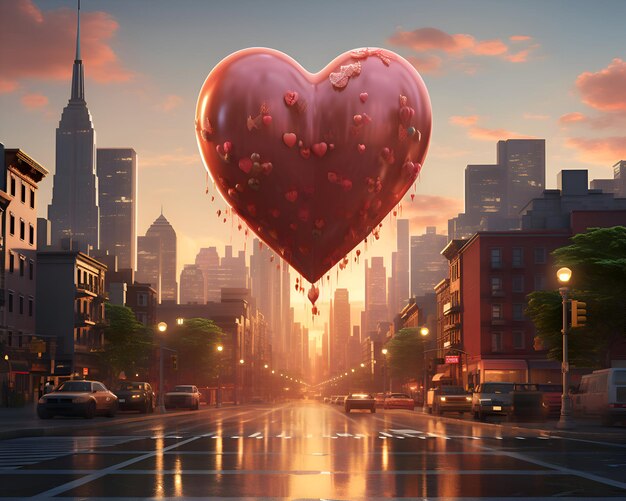 Фото Красный воздушный шар с сердцем, летящий по городу 3d иллюстрация концепция любви