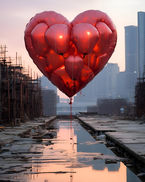 Red heart balloon in the form of a heart on the background of the building